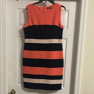 Tommy Hilfiger Pink, Black & Cream Striped Sleeveless Sheath Dress